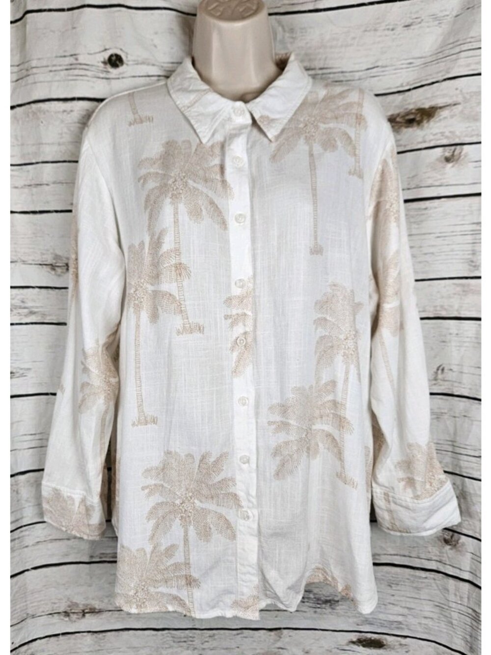 Calypso St Barth Linen Blend Tropical White Top 1X Button Coastal Womens